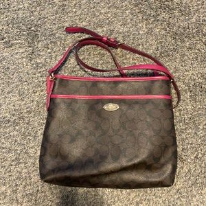 Beautiful Raspberry and brown leather bag, cross body